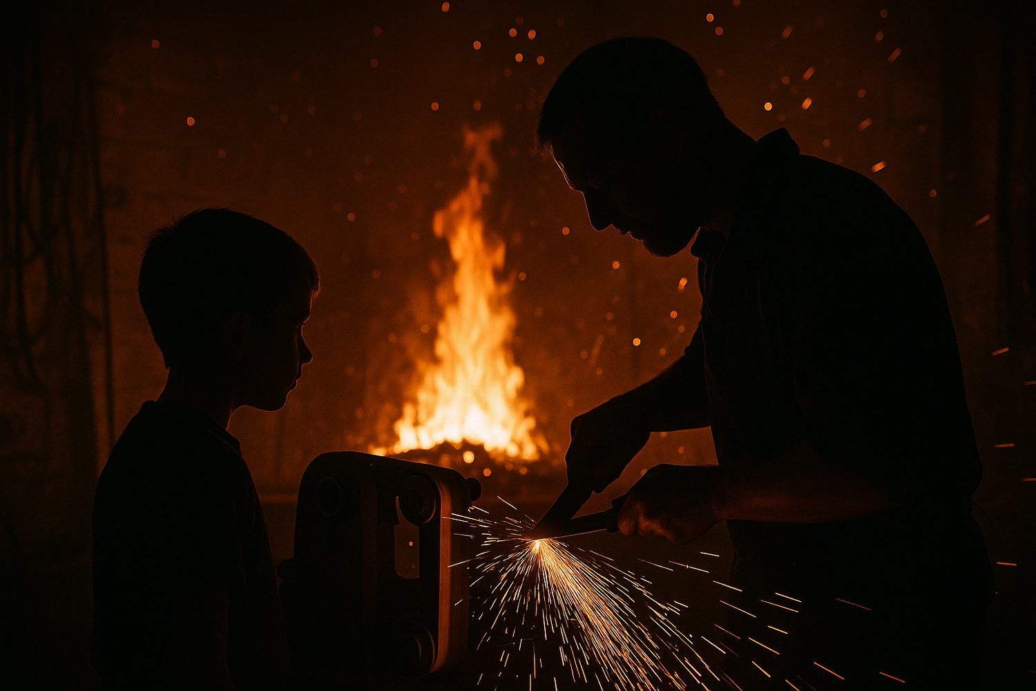 father and son in silhouette with forge, fire, and sparks in background. father is working on a knife with a belt sander and sparks are seen.