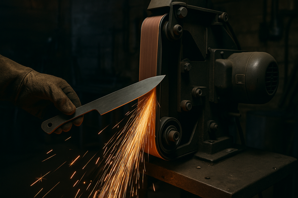 show a flat bar of steel being ground into a knife on a belt sander