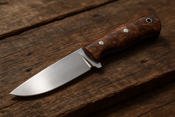 show a ground out knife completed with knife scales added. show it sitting on a rustic wooden table