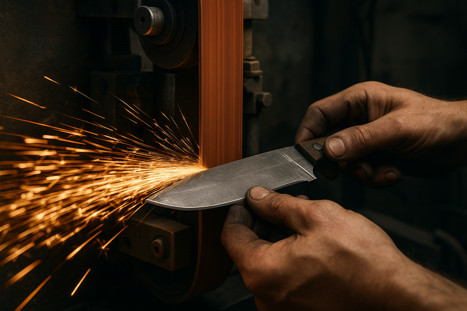 steel being ground into a knife on a belt sander